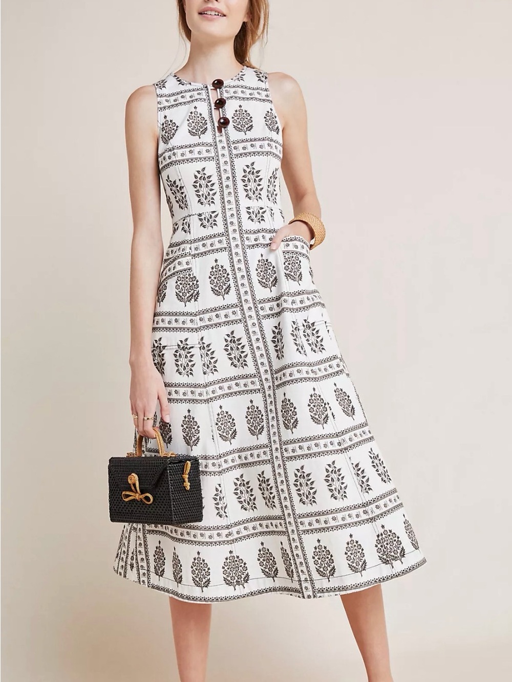 Anthropologie White Midi Dress with a Sophisticated Black Floral Block Print - Picture 8 of 11